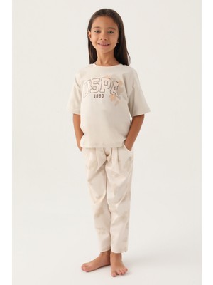 U.S. Polo Assn.  Lisanslı Floral Pattern Bej Kız Çocuk Pijama Takımı