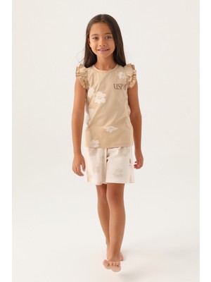 U.S. Polo Assn. Lisanslı Frilly Bej Kız Çocuk Şort Takım