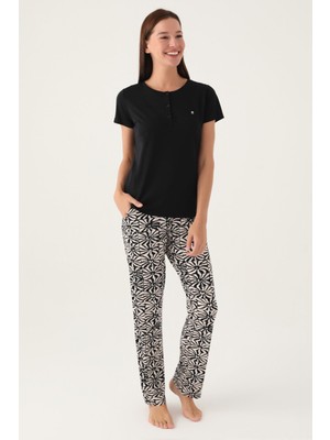 Pierre Cardin Buttoned Siyah Kadın Kısa Kol Pijama Takımı