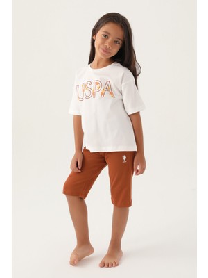 U.S. Polo Assn. Lisanslı Flower Printed Krem Kız Çocuk Kapri Takım