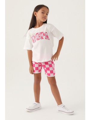 U.S. Polo Assn. Lisanslı Plaid Krem Kız Çocuk Şort Takım