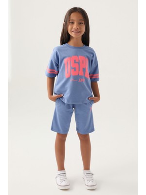 U.S. Polo Assn. Lisanslı Sleeve Detail Açık Indigo Kız Çocuk Bermuda Takım