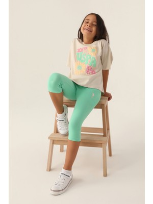 U.S. Polo Assn. Lisanslı Flower Bej Kız Çocuk Kapri Takım