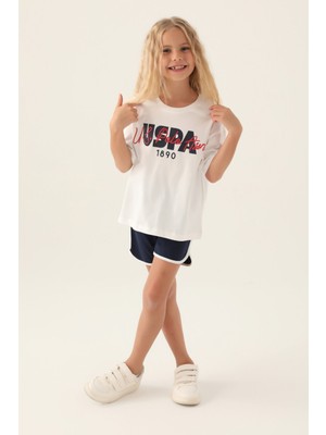 U.S. Polo Assn. Lisanslı Oversized Krem Kız Çocuk Şort Takım