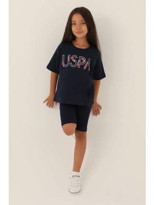 U.S. Polo Assn. Lisanslı Written Flowers Lacivert Kız Çocuk Bermuda Takım