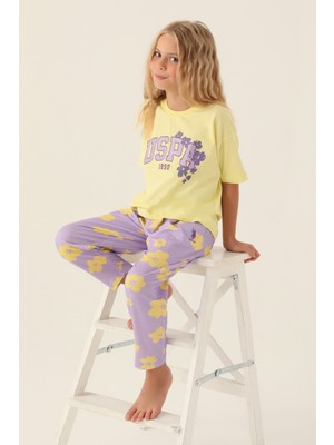 U.S. Polo Assn.  Lisanslı Floral Pattern Açık Sarı Kız Çocuk Pijama Takımı