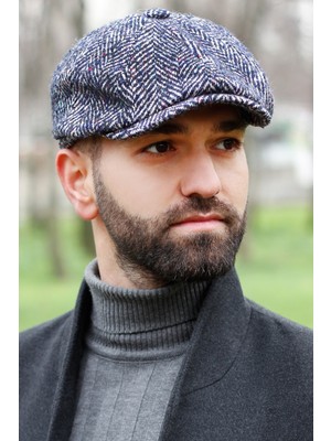 Bay Şapkacı Balık Sırtı Desenli Erkek Ingiliz Kasket Lacivert 7590