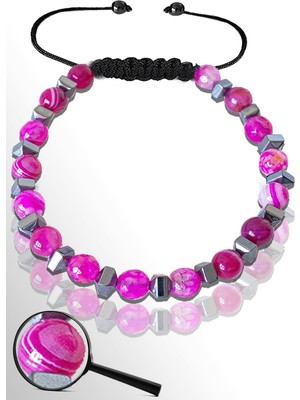 Tesbih Atölyesi Sertifikalı Gümüş Hematitli 6 mm Doğal Pembe Akik Taşı Bileklik- Damarlı