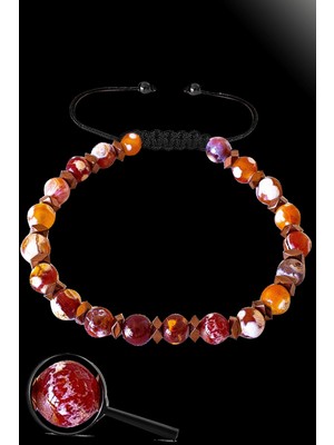 Tesbih Atölyesi Sertifikalı Rose Hematit Doğal Kırmızı - Beyaz Akik Taşı Bileklik - Tibet Akiği
