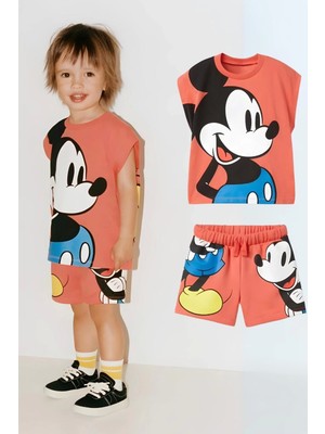 NSE  Çocuk Mickey Mouse Baskılı Pamuklu Bisiklet Yaka T-Shirt ve Şort Alt Üst Takım