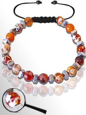 Tesbih Atölyesi Sertifikalı Hematitli 6 mm Doğal Beyaz - Kırmızı Akik Taşı Bileklik - Ayarlamalı