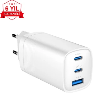 Case 4U  2x Type-C + USB-A Çıkışlı 65W GAN Şarj Cihazı - Akım Korumalı iPhone, Android, Macbook Uyumlu Hızlı Şarj Adaptörü Beyaz