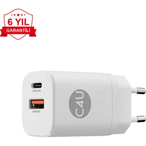 Case 4U 2 Portlu Type-C + USB-A Çıkışlı 30W Şarj Cihazı - Akım Korumalı iPhone ve Android Uyumlu Hızlı Şarj Adaptörü Beyaz