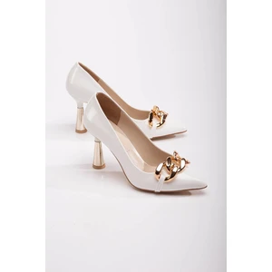 Kadın Zincirli Topuklu Ayakkabı Beyaz Rugan