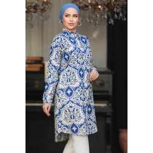 Neva Style Desenli Indigo Mavisi Tesettür Tunik 25013IM