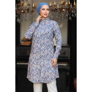 Neva Style Desenli Indigo Mavisi Tesettür Viskon Tunik 11607IM