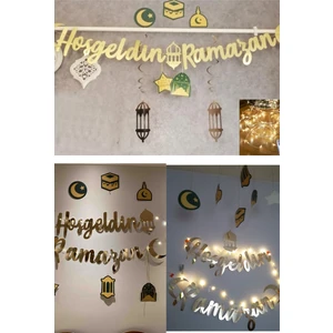 Hayaller Dükkanı  Ramazan Süsleri 6'lı Tavan Sarkıt Süs, Hoşgeldin Ramazan Altın Yazı ve LED