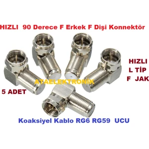 Ata Elektronik 5 Ad 5 Adet 90 Derece L Tip Vidalı Metal F Konnektör Uydu Anten Lnb Kablo Ucu Konnektör