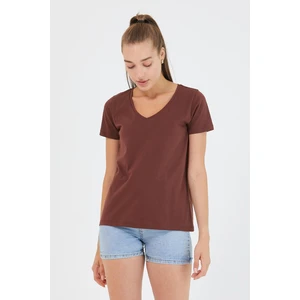 Polo State Kadın %100 Pamuk V Yaka Regular Kalıp T-Shirt Kahverengi