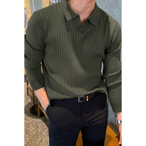 Tarz Cool Haki Erkek Polo Yaka Fitilli Triko Kazak