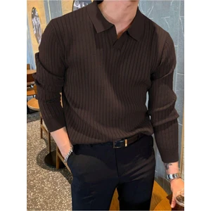 Tarz Cool Koyu Kahve Erkek Polo Yaka Fitilli Triko Kazak