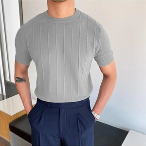Tarz Cool Gri Erkek Yuvarlak Yaka Örme T-Shirt