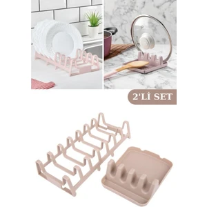 Tencere Kapak Tutucu & Kepçe Kaşık Altlığı ve Tabaklık Kurutmalık Tabak Organizer 2’li Set Kahve