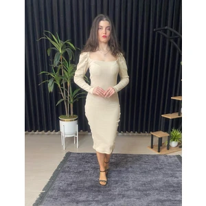 Espoir Plus Espoirplus Kare Yaka Siyah Renk Vücuda Oturan Midi Boy Pileli Kol Örme Elbise