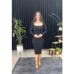 Espoir Plus Espoirplus Kare Yaka Siyah Renk Vücuda Oturan Midi Boy Pileli Kol Örme Elbise