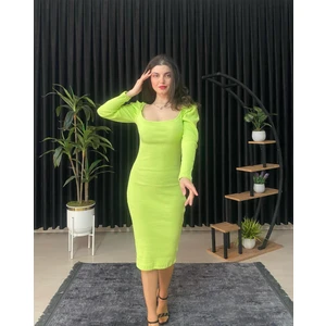 Espoir Plus Espoirplus Kare Yaka Siyah Renk Vücuda Oturan Midi Boy Pileli Kol Örme Elbise