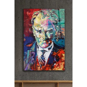 Mustafa Kemal Atatürk Portre Yağlı Boya Efektli Dekoratif Cam Tablo