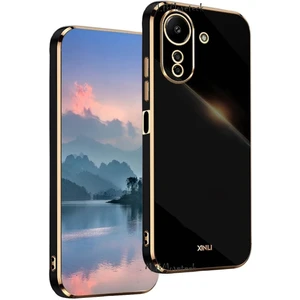 M.TK Moveteck Xiaomi Redmi 13C Kılıf Kamera Korumalı Parlak Gold Kenarlı Altın Işlemeli Yumuşak Silikon Bark Kapak