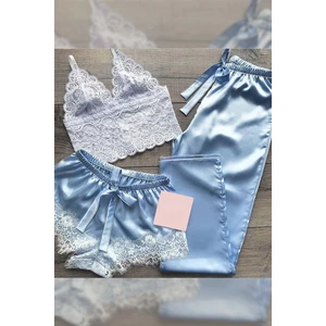 3 Lü Mavi Saten Dantel Detaylı Pijama Seti