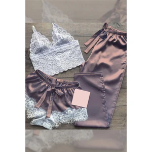 3 Lü Mürdüm Saten Dantel Detaylı Pijama Seti