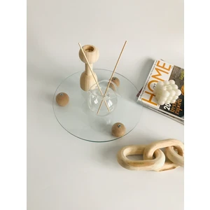 Shura Homeware Yuvarlak Dekoratif Cam Tepsi, Ahşap Top Ayaklı Tepsi, Cam Takı Tabağı, Cam Düzenleyici