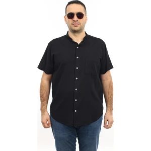 Erkek Büyük Beden Siyah Renk Yaprak Desenli Keten Hakim Yaka Cepli Kısa Kol Gömlek KK-8007-TSS