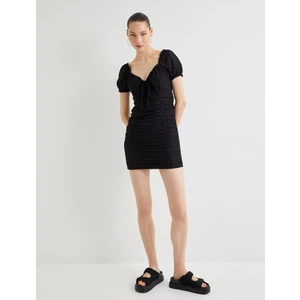 Balon Kol Mini Elbise Fisto Işlemeli Slim Fit Astarlı