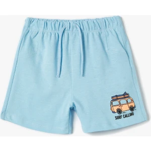 Beli Bağcıklı Şort Slogan Baskılı Pamuklu