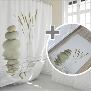 Tropik Home Kaymaz Taban Banyo Paspası, Taşlı Banyo Paspası ve Banyo Perdesi Seti, Dijital Baskılı Duş Perdesi