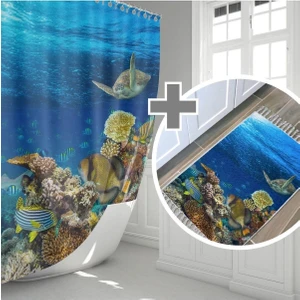 Tropik Home Akvaryum Desen Banyo Paspası Takımı, Mavi Banyo Perdesi, Mavi Paspas, 50X80 cm Paspas Seti