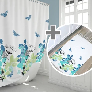 Tropik Home Renkli Kelebekli Banyo Paspası, Banyo Perdesi Takımı, Spring Desen Banyo Perdesi ve Banyo Paspas Set