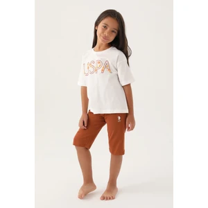 U.S. Polo Assn. Lisanslı Flower Printed Krem Kız Çocuk Kapri Takım