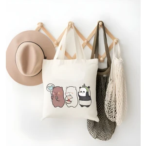 We Bare Bears, Kafadar Ayılar 3 Yakın Dost Baskılı Ham Bez Canta Tote Bag, Bez Çanta