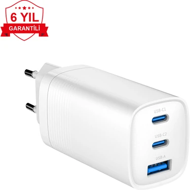 Case 4U  2x Type-C + USB-A Çıkışlı 65W GAN Şarj Cihazı - Akım Korumalı iPhone, Android, Macbook
