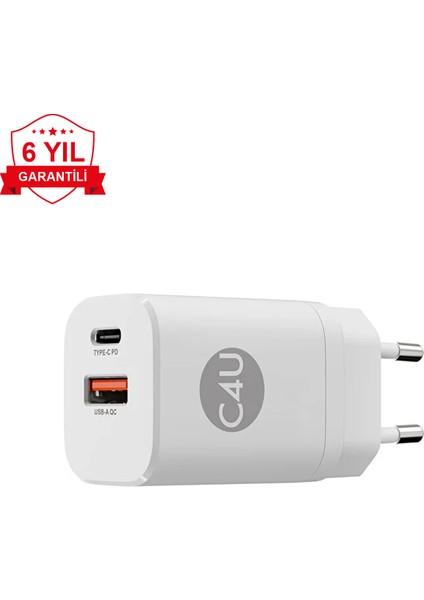 Case 4U 2 Portlu Type-C + USB-A Çıkışlı 30W Şarj Cihazı - Akım Korumalı iPhone ve Android Uyumlu Hızlı Şarj Adaptörü Beyaz