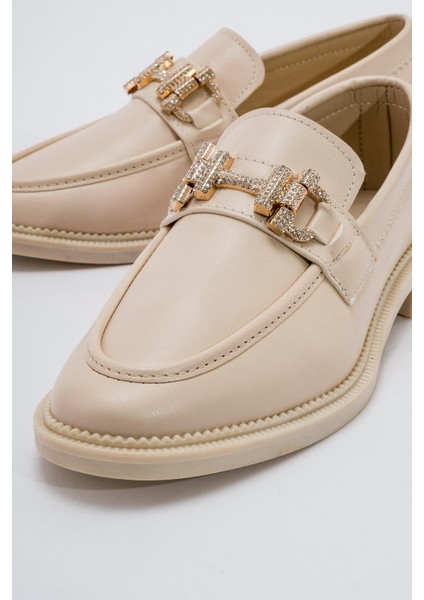 Kaydırmaz Kadın Taşlı Tokalı Loafer Ayakkabı TEN CİLT modelleri