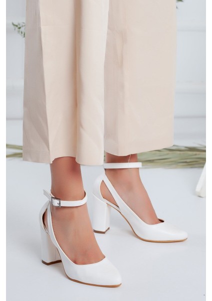 Beyaz Renk Cilt, Topuk Boyu 9 Cm, Bilekten Bağlama Kadın Topuklu AYAKKABI_34---43 Numara fiyatları