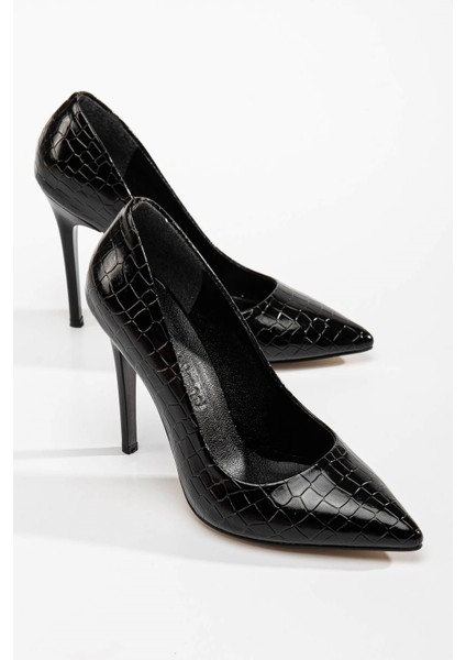 Kadın Stiletto Siyah Kroko