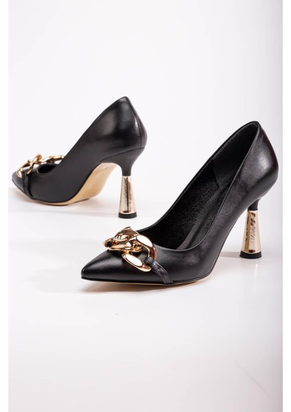 Kadın Zincirli Topuklu Ayakkabı Siyah Cilt fiyatları