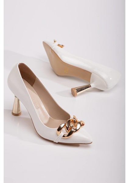Kadın Zincirli Topuklu Ayakkabı Beyaz Rugan modelleri